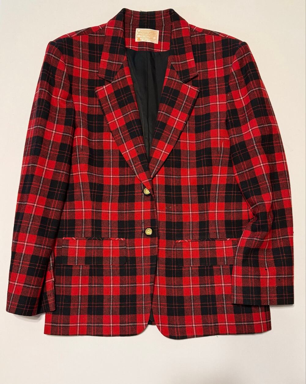 Vintage Pendleton Womens Blazer Red Black Tartan Plaid Virgin Wool USA Size 10